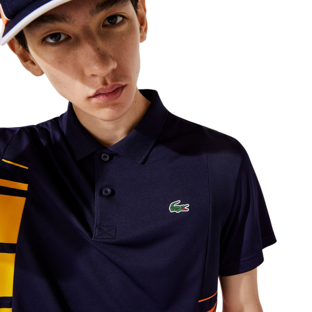 Мужское поло теннисное Lacoste Men's SPORT Colour-block Piqué And Mesh Polo Shirt - navy blue/yellow/orange