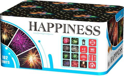 MC128 Веерный салют "HAPPINESS" (0,58"/1"/1,2" х 102 залпа)