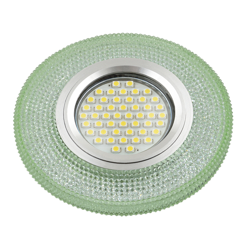 DLS-L142 GU5.3 GLASSY/GREEN Светильник декоративный встраиваемый, серия Luciole. Без лампы, цоколь GU5.3. Доп. светодиодная подсветка 3Вт.Стекло. Зерк