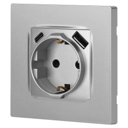 Розетка ЭРА Серия 12 12-4108-03 2P+E 16A-250В со шторками с USB type-A+C 5В-3А алюминий