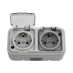 Розетка двухместная, уличная, влагозащищенная, открытой установки 16А, IP54 с заземлением, серия ПР, с прозрачной крышкой