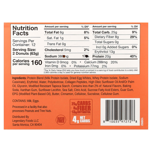 Legendary Foods, протеиновые пончики, корица и крамбл, 12 упаковок по 63 г (2,2 унции)