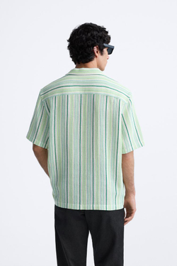 ZARA РУБАШКА ИЗ РЕЛЬЕФНОЙ ТКАНИ В ПОЛОСКУ, ЗЕЛЕНЫЙ/ЭКРЮ