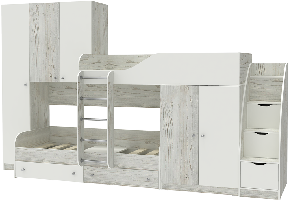 Двухъярусная кровать КарИВи Лео с лестницей Комод КарИВиом Винтерберг Белый