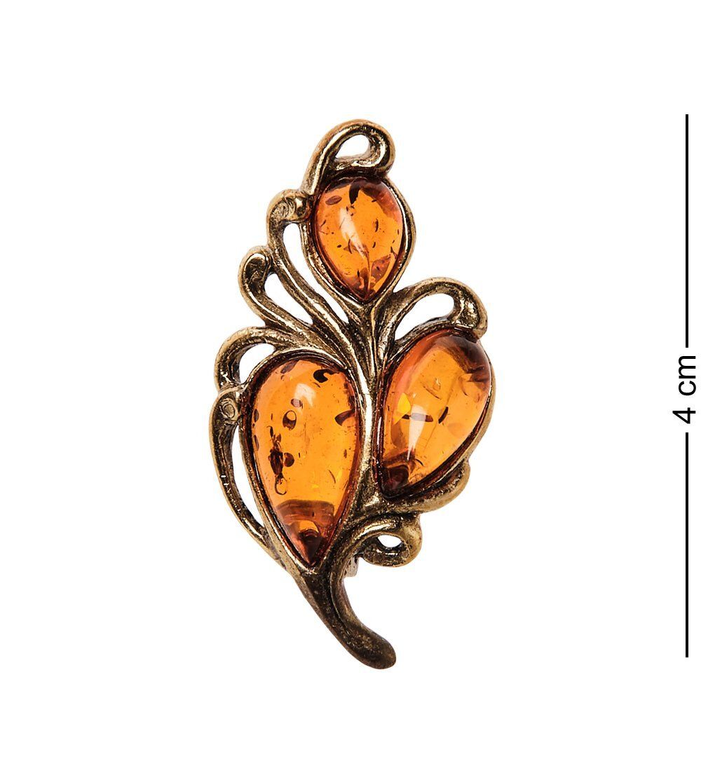 AM-2574 Брошь «Винтажный листик» (латунь, янтарь)