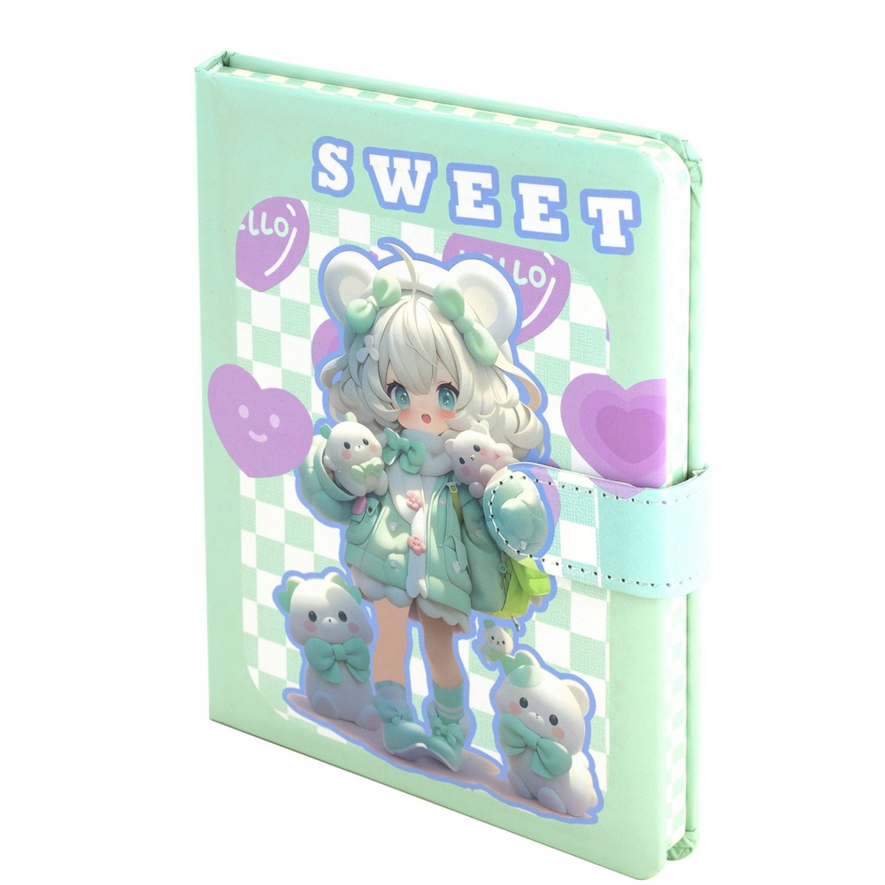 Записная книжка 12,5 см * 17,5 см , 7БЦ, Alingar, ПВХ, поролон, магнитный клапан, 112л., линия, ляссе, цветной срез, "Милая модница", мятный