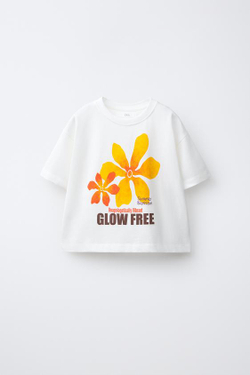 ZARA ФУТБОЛКА С ЦВЕТОЧНЫМ ПРИНТОМ, БЕЛЫЙ