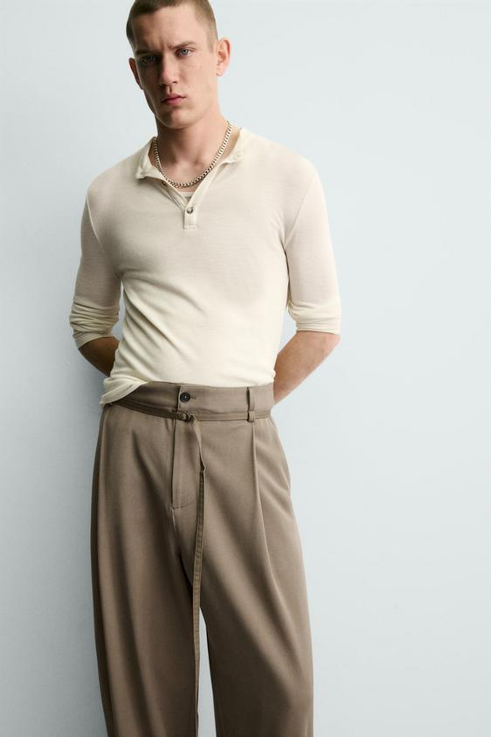 ZARA БРЮКИ BALLOON FIT С ЗАЩИПАМИ И ПОЯСОМ, СЕРО-КОРИЧНЕВЫЙ