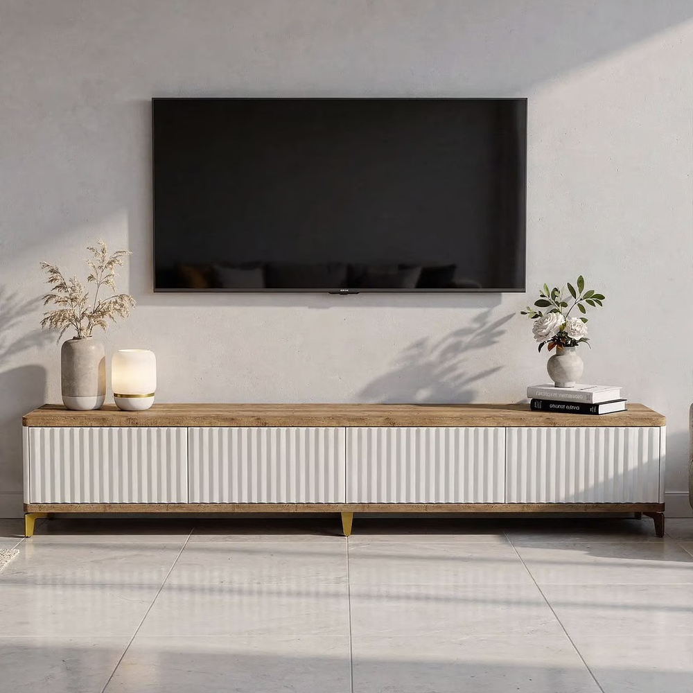 Тумба под телевизор на ножках ROYAL 5037 эко (Дуб Веллингтон-Золото)