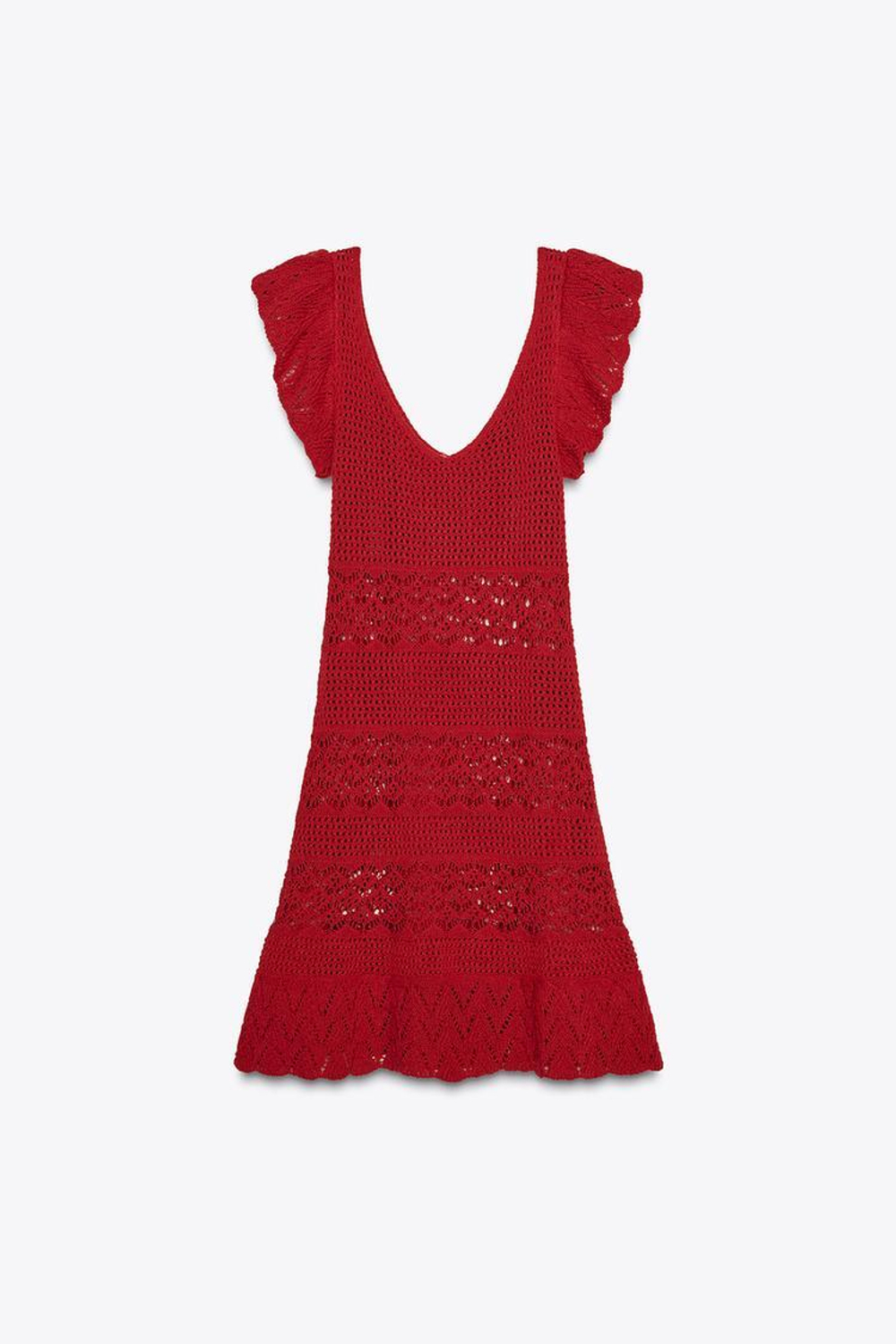 ZARA МИНИ-ПЛАТЬЕ ИЗ РЕЛЬЕФНОГО ТРИКОТАЖА С ВОЛАНАМИ, КРАСНЫЙ