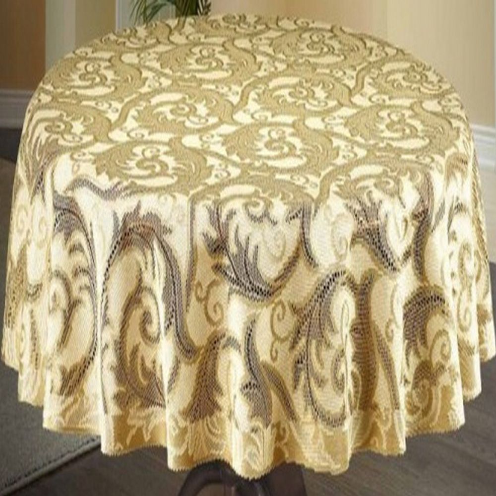 Скатерть жаккардовая круглая, цвет кремово-золотистый, Польша. Скатерть жаккардовая круглая, цвет кремово-золотистый, Польша.