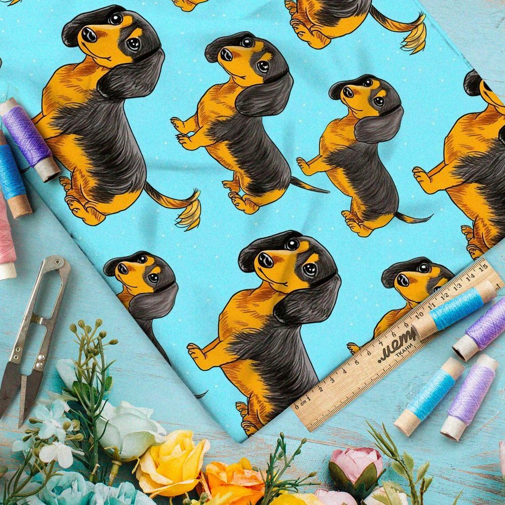 Ткань премиум шелк искусственный Армани таксы на голубом