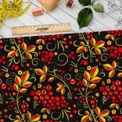 Ткань дюспо жёлто-красная хохлома с рябиной на чёрном фоне