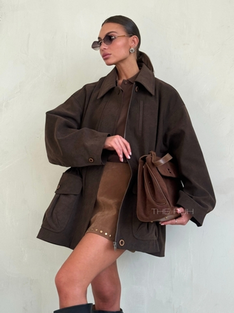 Парка из эко-замши шоколадного цвета