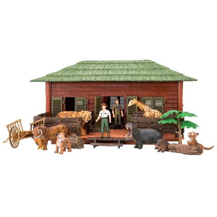 Набор фигурок животных серии "На ферме": ферма игрушка, жираф, бегемот, тигры, фермеры, инвентарь -  15 предметов