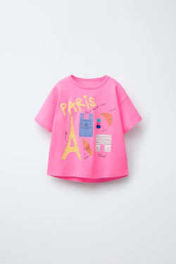 ZARA ФУТБОЛКА С ПРИНТОМ «ГОРОД», РОЗОВЫЙ