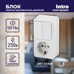 Блок розетка с выключателем Intro Quadro 2-706-01 двойным вертикальный 10А-250В, IP20, ОУ, белый