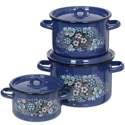 Набор эмалированной посуды 6 пр, кастрюли 1.5,2.9,4.5 л, СтальЭмаль, Голубика, 1с33