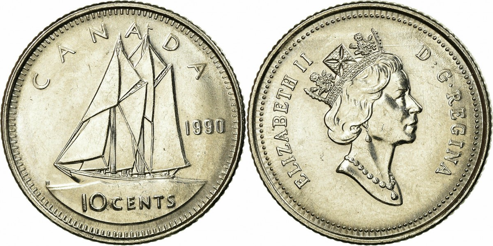 Канада 10 центов, 1990-2000 Королева Елизавета II XF