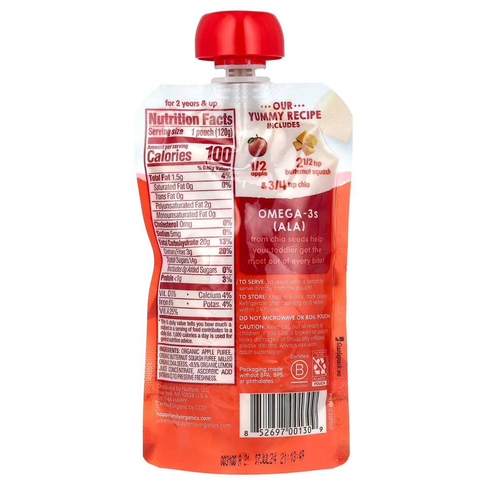 Happy Family Organics, Happy Tot, суперфуды, для детей от 2 лет, органические яблоки, мускатная тыква и чиа, 120 г (4,22 унции)