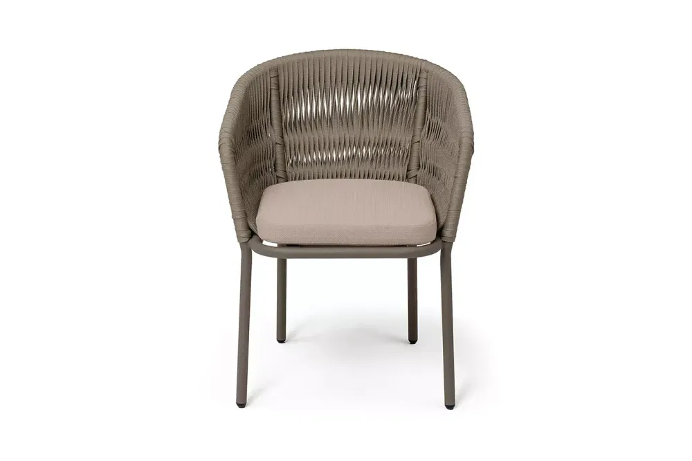 "Бордо" стул плетеный из роупа (колос), каркас алюминий бежево-серый (RAL7006) муар, роуп серо-коричневый 23мм, ткань Mossle бежевая