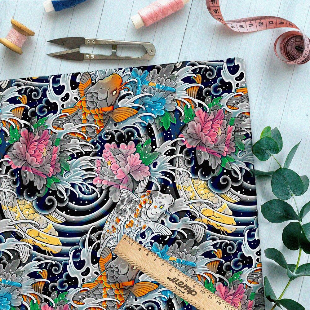 Ткань атлас японские карпы с бутонами на волнах