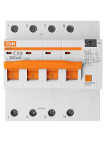 Дифференциальный автомат АД14 4P, C50, 300 мА, 4,5 кА, тип АС, 5 мод, TDM SQ0204-0143