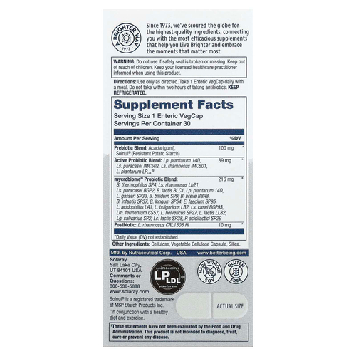 Solaray, Mycrobiome®, полноценный пробиотик, активный, 30 вегетарианских капсул