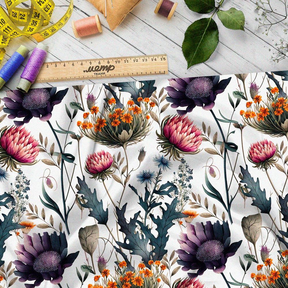 Ткань поплин яркие акварельные полевые цветочки