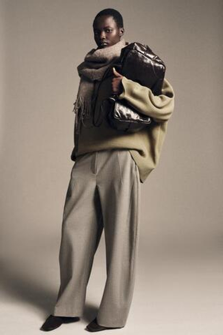 ZARA БРЮКИ-БАЛЛОНЫ В ЕЛОЧКУ ZW COLLECTION, БЕЖЕВЫЙ МЕЛАНЖ