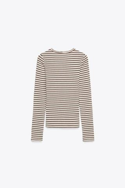 ZARA ФУТБОЛКА В ПОЛОСКУ С ДЛИННЫМИ РУКАВАМИ, ЭКРЮ/КОРИЧНЕВЫЙ