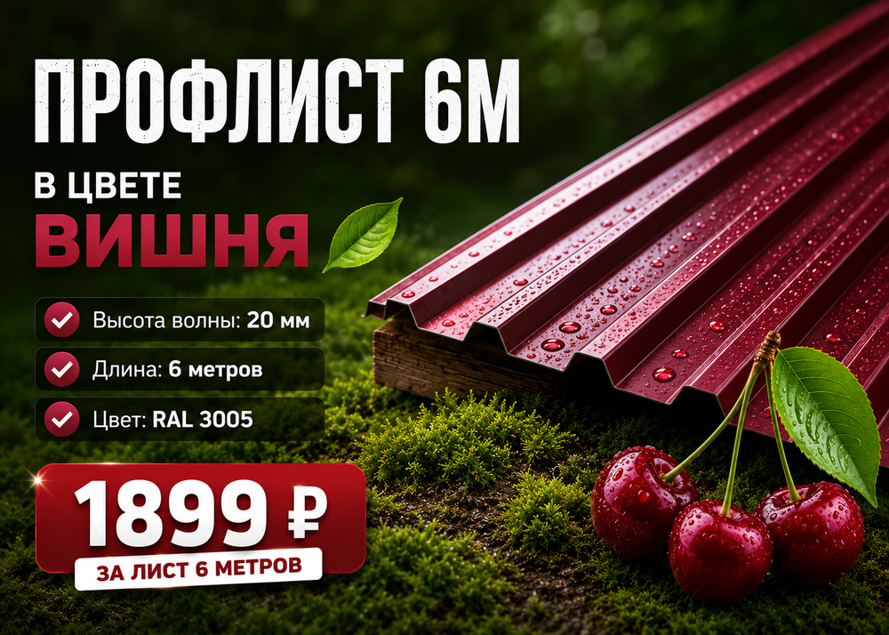 Профлист НС 20 (Н-Эконом) 6 м РАЛ 3005 Вишня