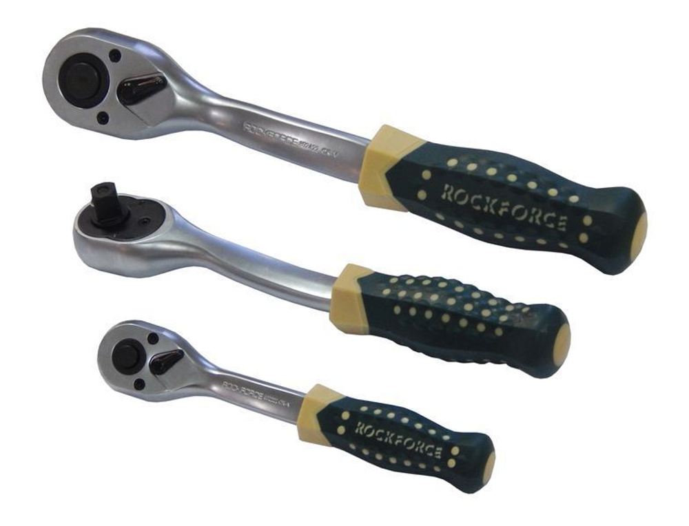 Трещотка реверсивная усиленная изогнутая с резиновой ручкой 3/8''(72зуб.) RockForce##Rock FORCE RF-802322