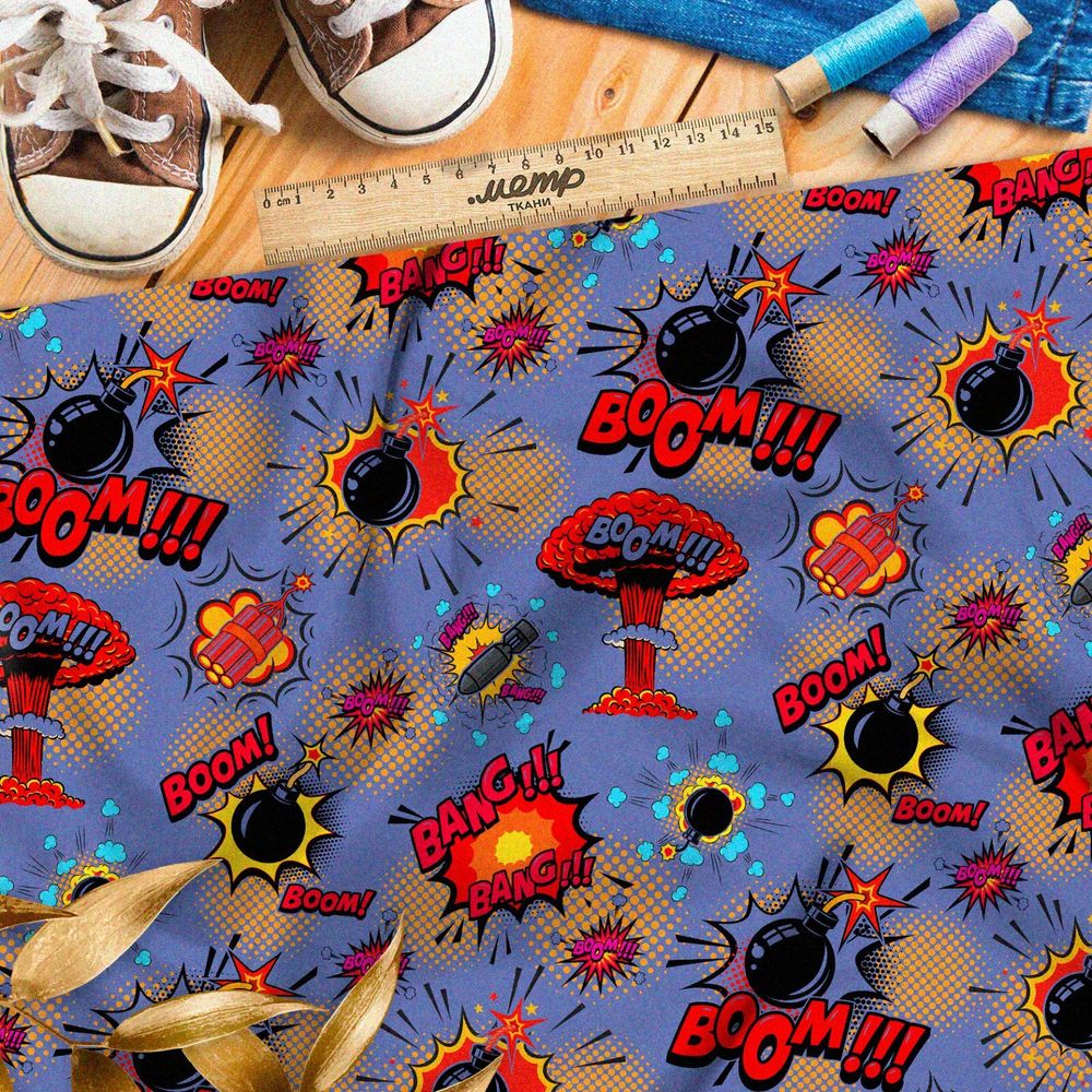 Ткань габардин звуки взрывов из комиксов на синем фоне