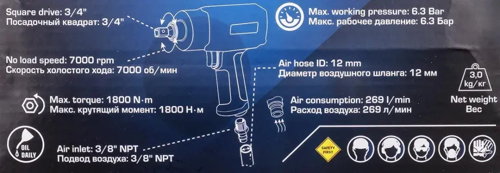 Пневмогайковерт ударный ''Twin Hammer''с реверсом и регулировкой усилия в облегченном корпусе 3/4''(1800Hм, 7000 об/мин,6.3bar,269л/мин,вес 3кг) Forsage F-82566
