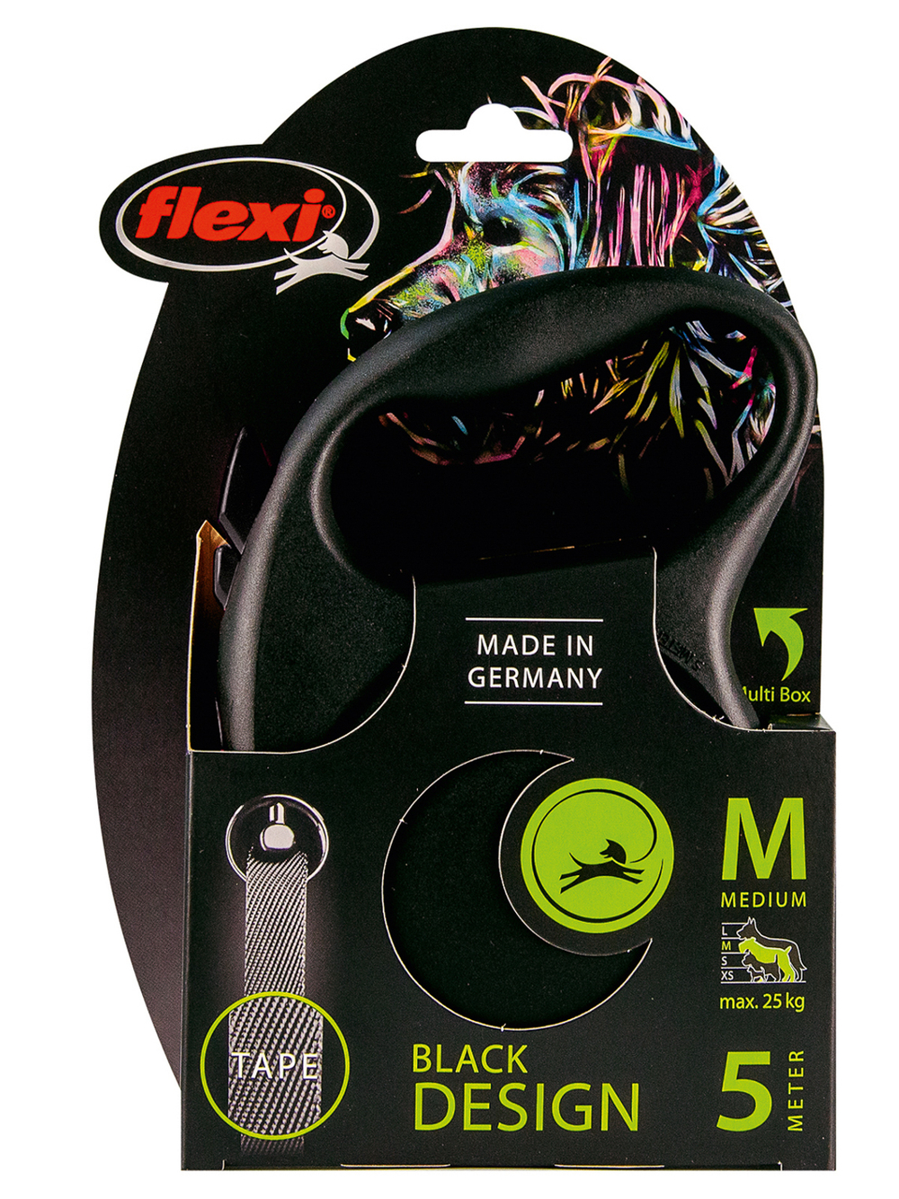 Поводок-рулетка Flexi Black Design M. Лента 5 м. для собак до 25 кг. Серебряный