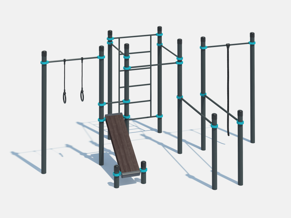 Воркаут-комплекс: канат, кольца, шведская стенка, 3 турника, брусья и наклонная скамья