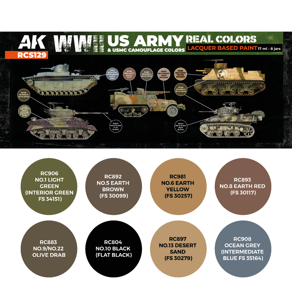 Набор красок AK Interactive Real Colors - WWII US Army & USMC Camouflage Colors