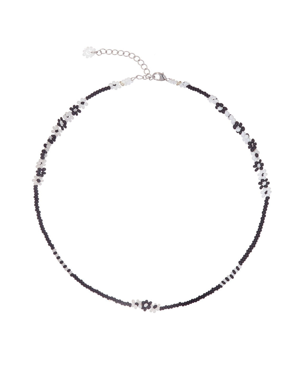 Колье-бисер черное, белые цветы