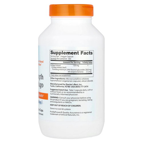 Doctor's Best, гинкго, 120 мг, 360 вегетарианских капсул