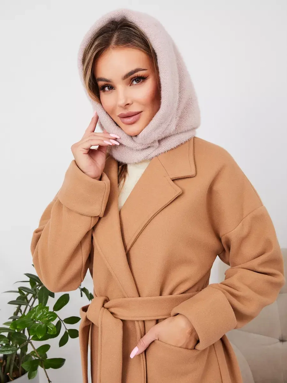 Капор зимний вязаный капюшон на флисе