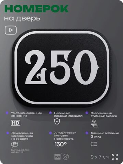 Номерок на дверь квартиры 250, для кабинета, офиса, шильдик 9 х 7 см, черный, Айдентика Технолоджи