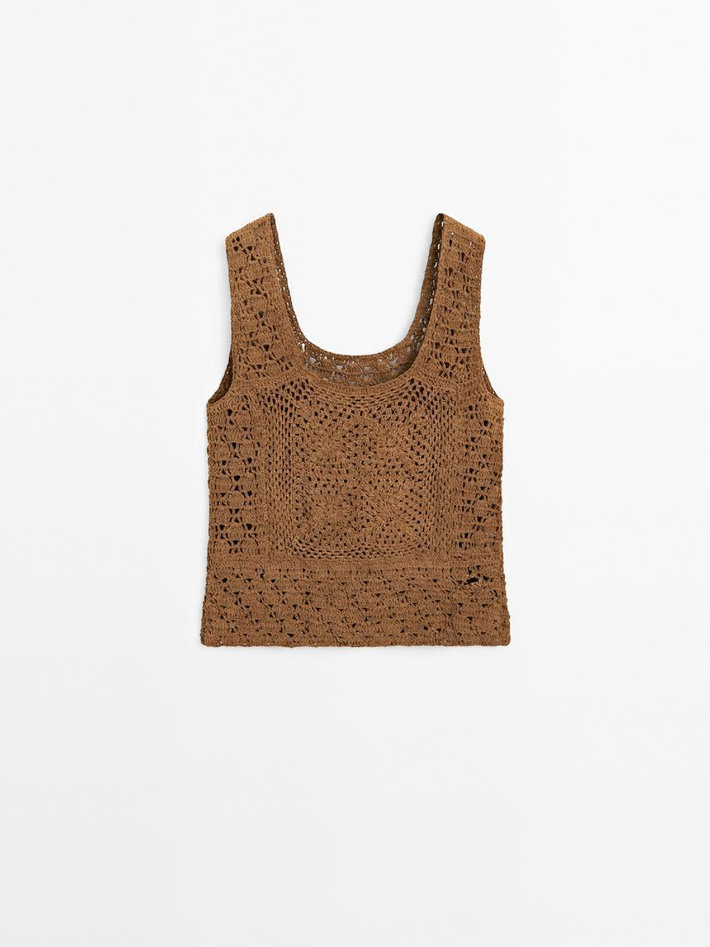 Massimo Dutti Замшевый топ из кружева кроше, коричневый