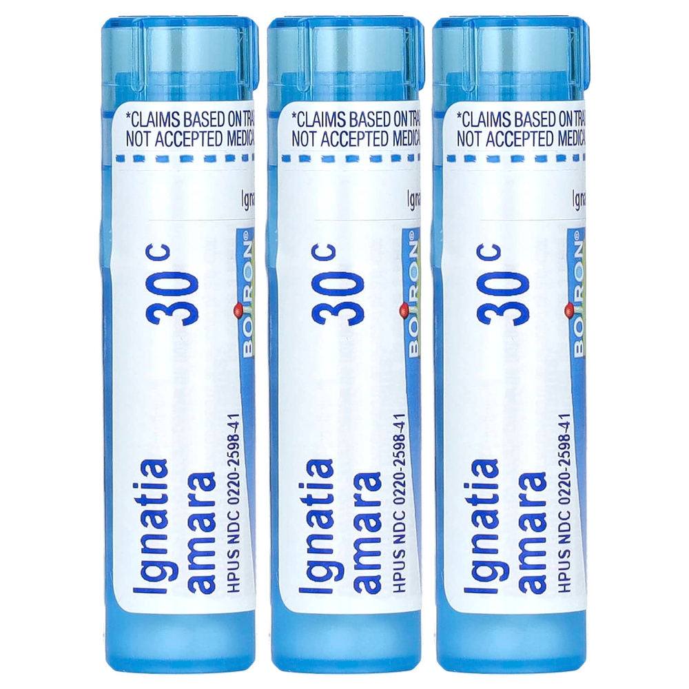 Boiron, Ignatia Amara, средство для снятия эмоционального стресса, гранулы Meltaway, 30C, 3 тюбика, 80 гранул в каждом