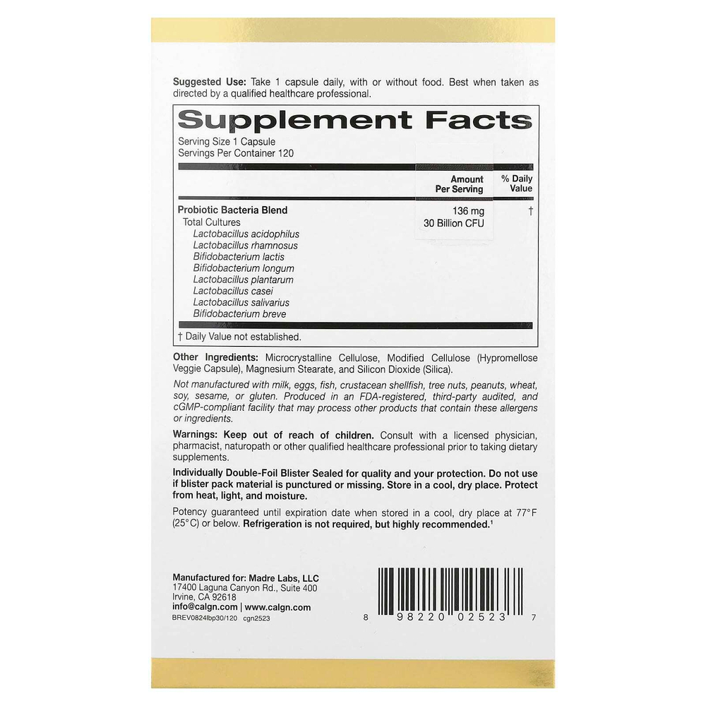California Gold Nutrition, LactoBif® 30, пробиотики, 30 млрд КОЕ, 120 растительных капсул