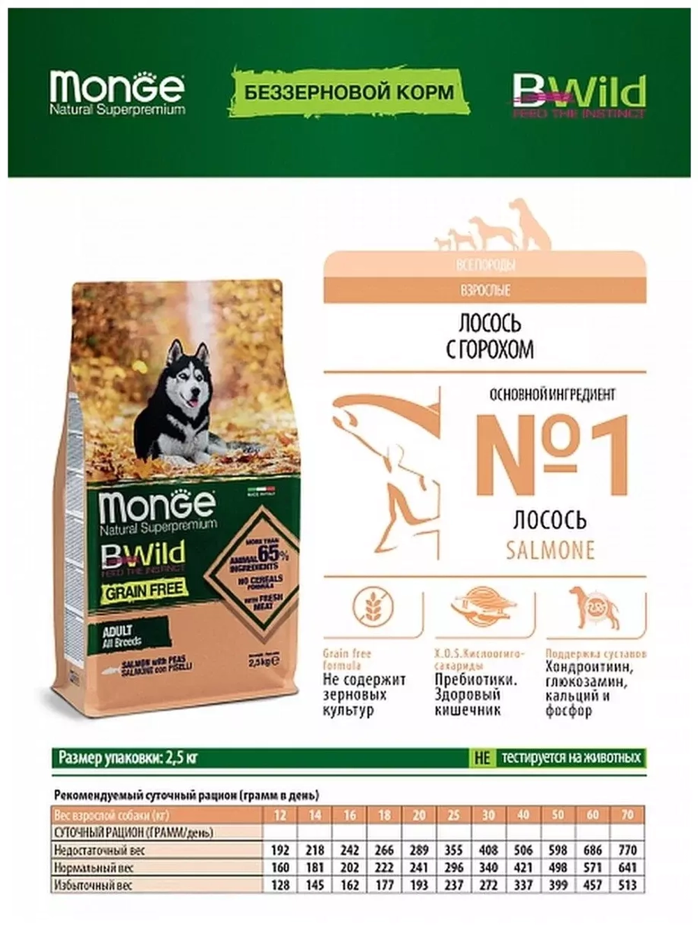 Monge Dog Bwild grain free Сухой беззерновой корм из лосося для взрослых собак всех пород 2.5 кг