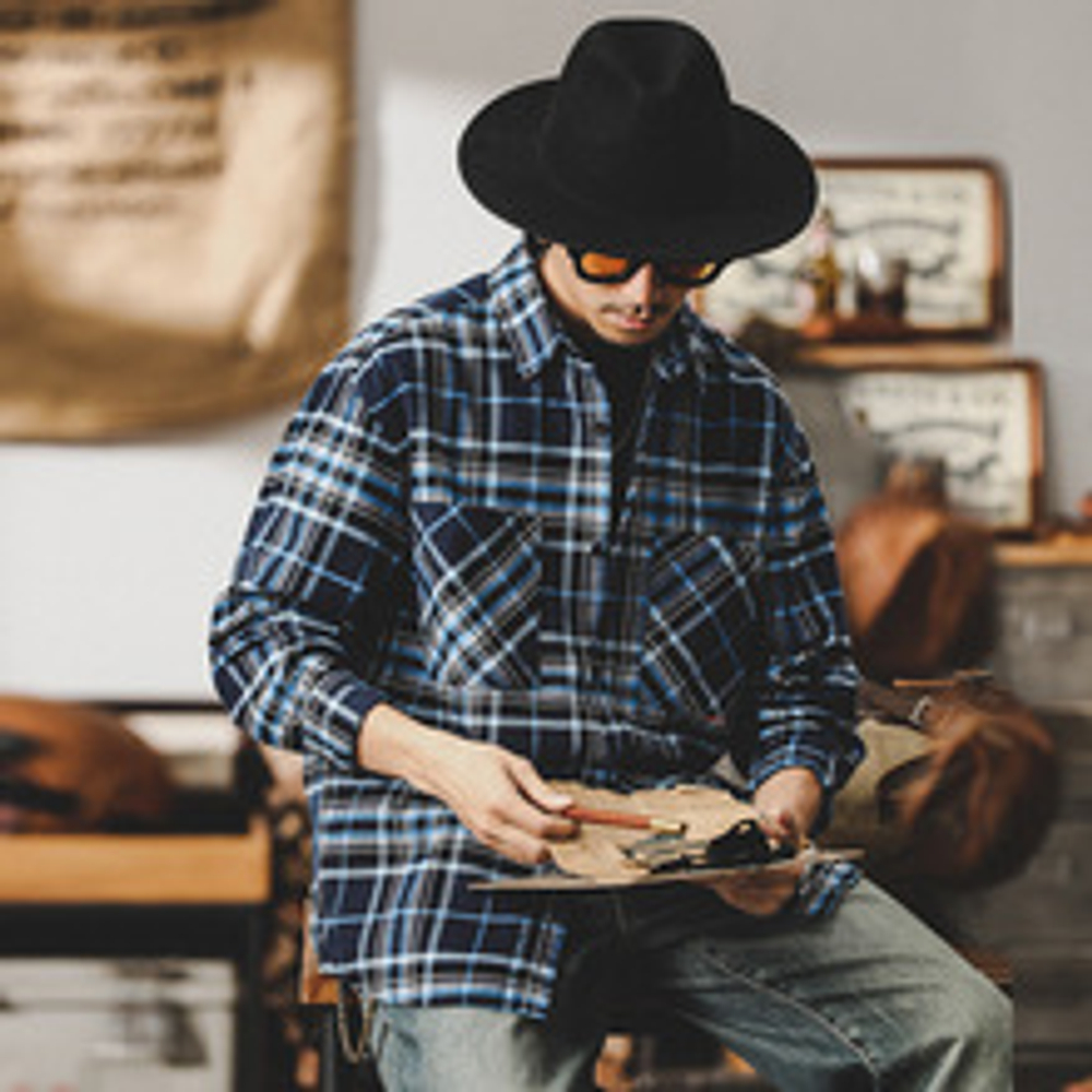 American Ретро Рубашка с длинными рукавами в крупную клетку с накладными карманами/