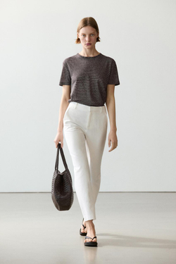 Massimo Dutti Брюки приталенного кроя из смесовой льняной ткани, экрю