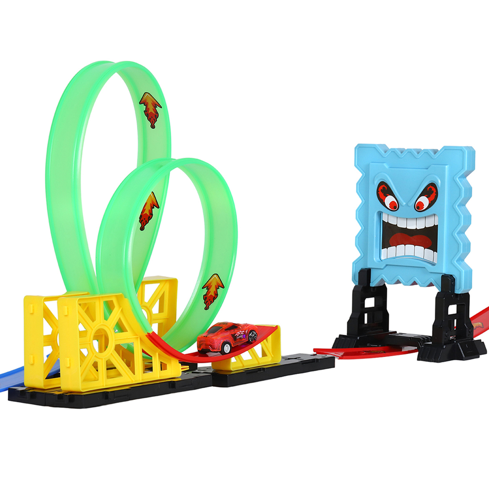 0404270/Трек со светом с пусковым устройством, 2 мертвые петли, трамплин и "хваталка"+ 2 инерц. маш