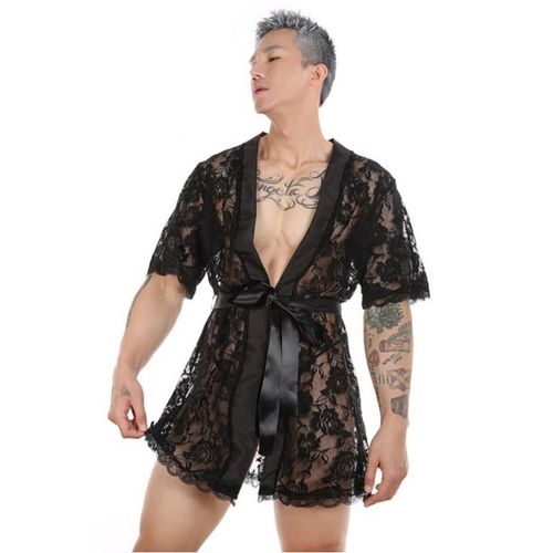 Мужской халат кружевной черный Romeo Rossi 9093-2
